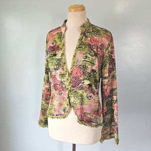 Vtg Y2K 2000s Alberto Makali Green Pink Floral Plisse Sequin Open Front Jacket L